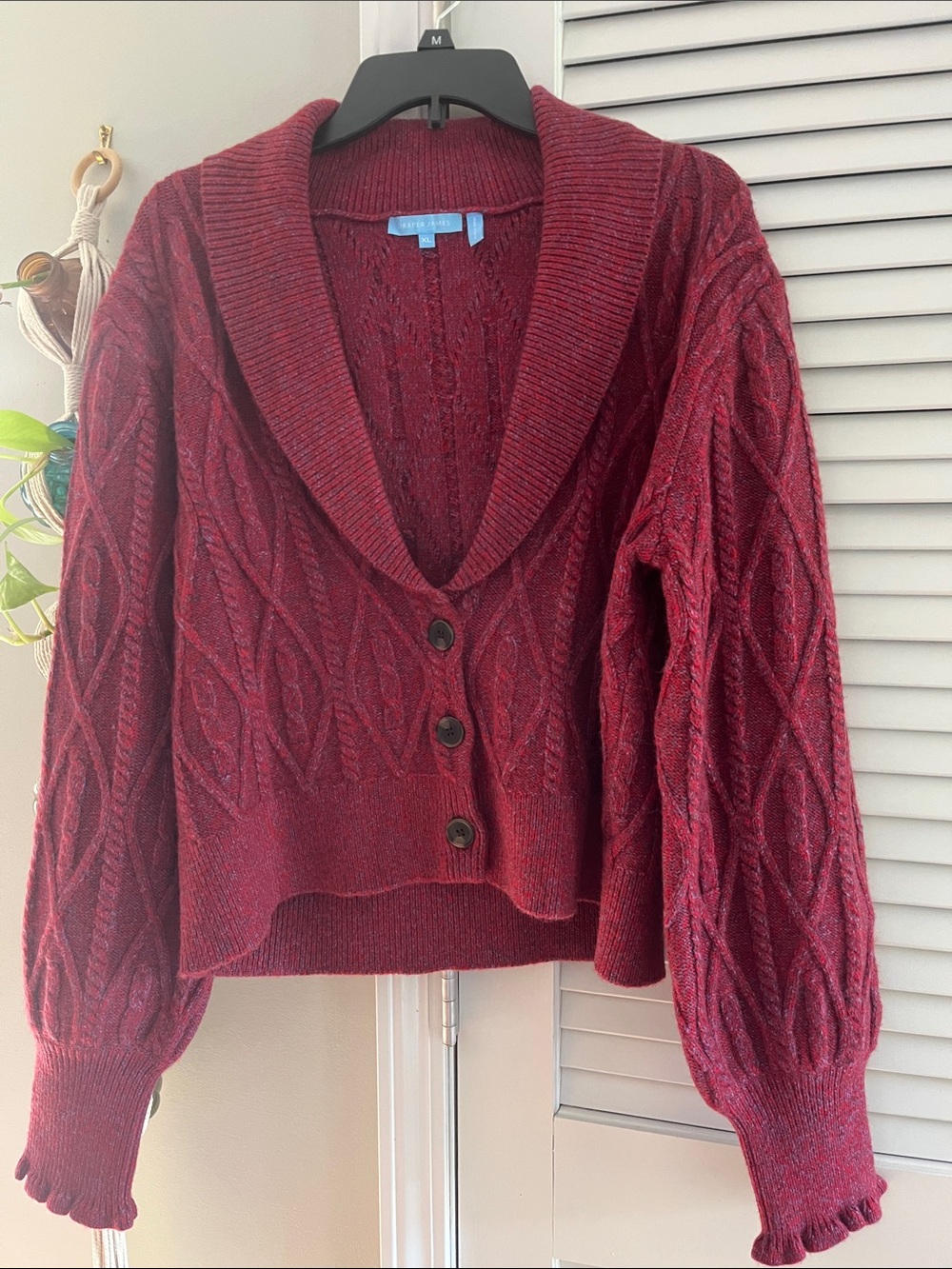 Draper James Wine Red Shawl Collar Cable Knit Cardigan